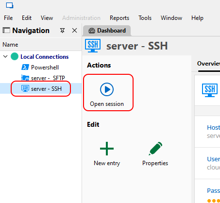 Open SSH session on server