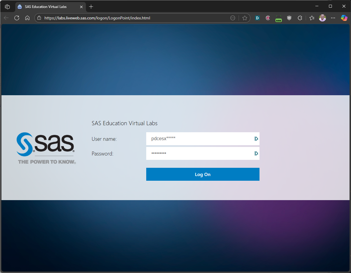 SAS Education Virtual Labs login screen
