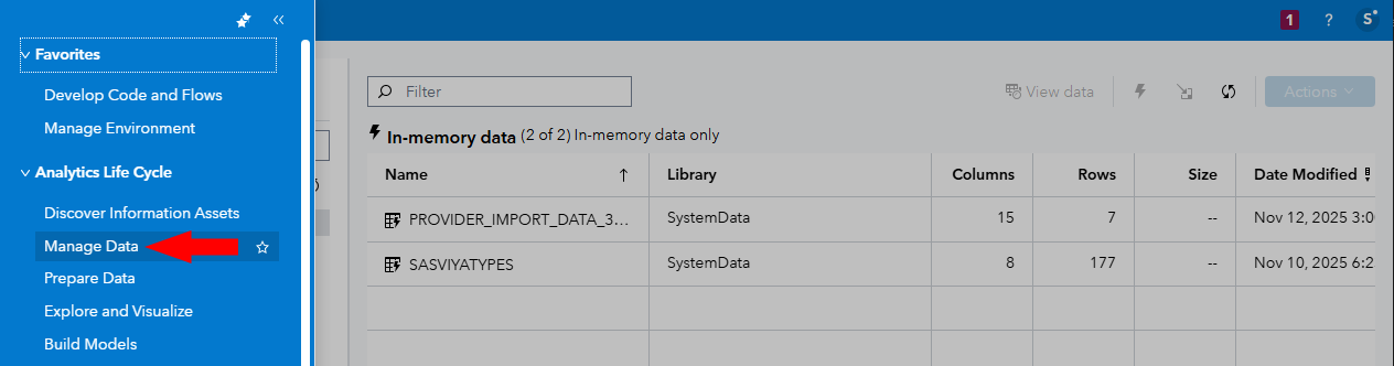 Manage Data in the SAS Viya application menu