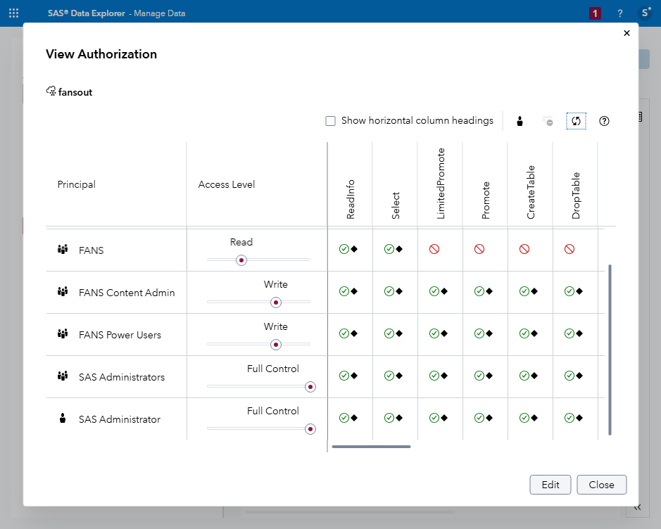 Project output CAS library after bulk loading access controls from a JSON file