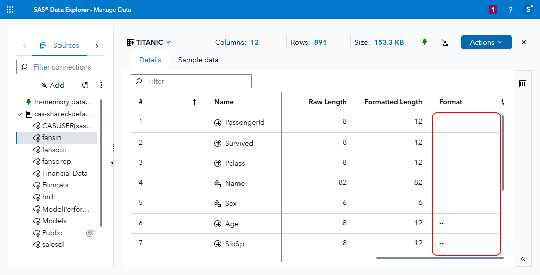 SAS Data Explorer, TITANIC in-memory table has no formats applied to its columns