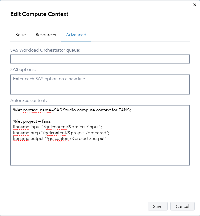 SAS Studio compute context for FANS with additional code in the autoexec block