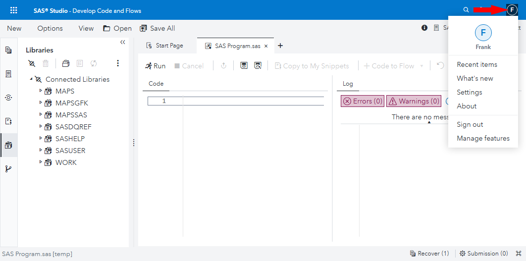 SAS Studio, signed in as Frank